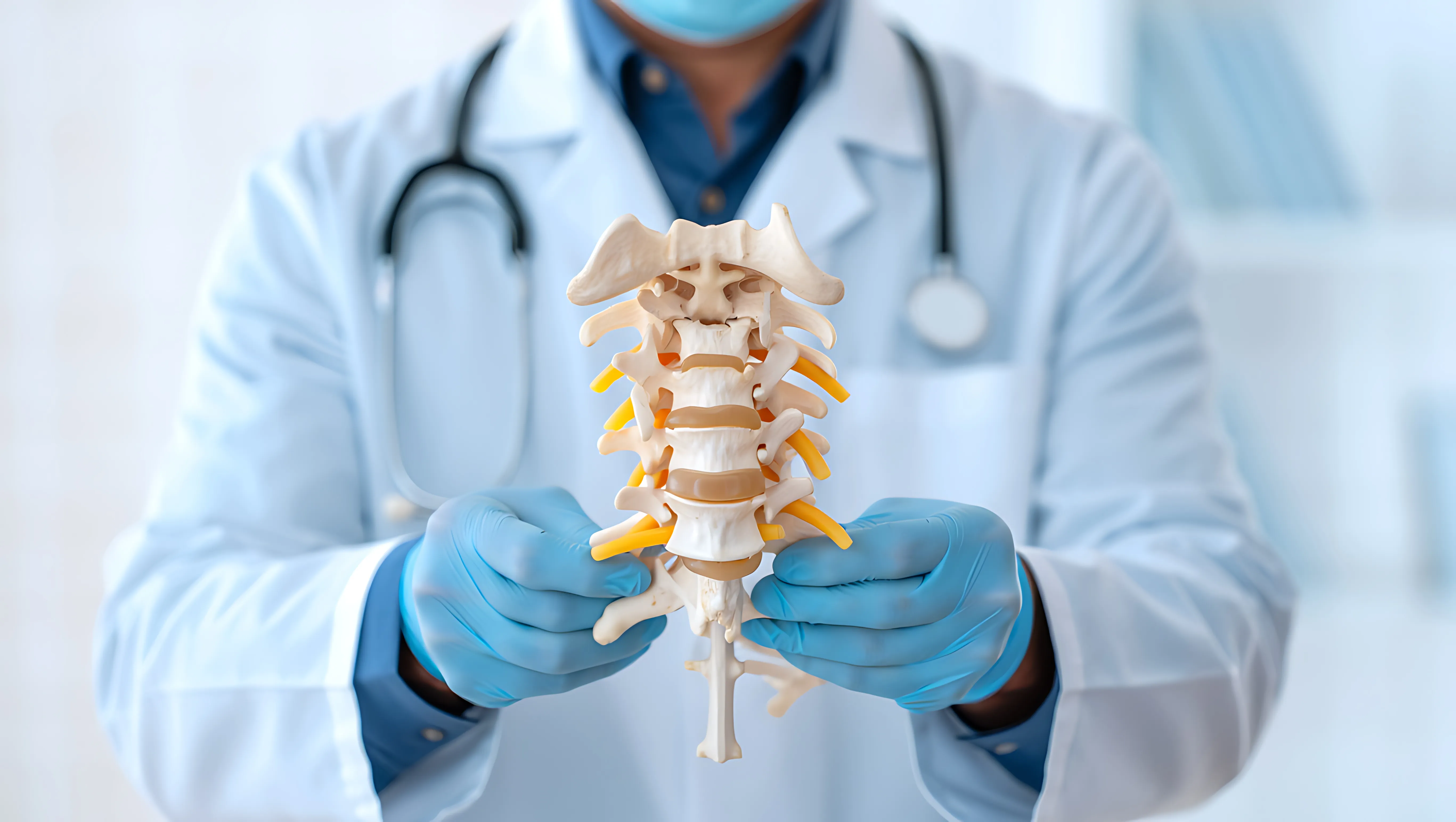 Doctos con una recreación de una columna vertebral en sus manos.s
