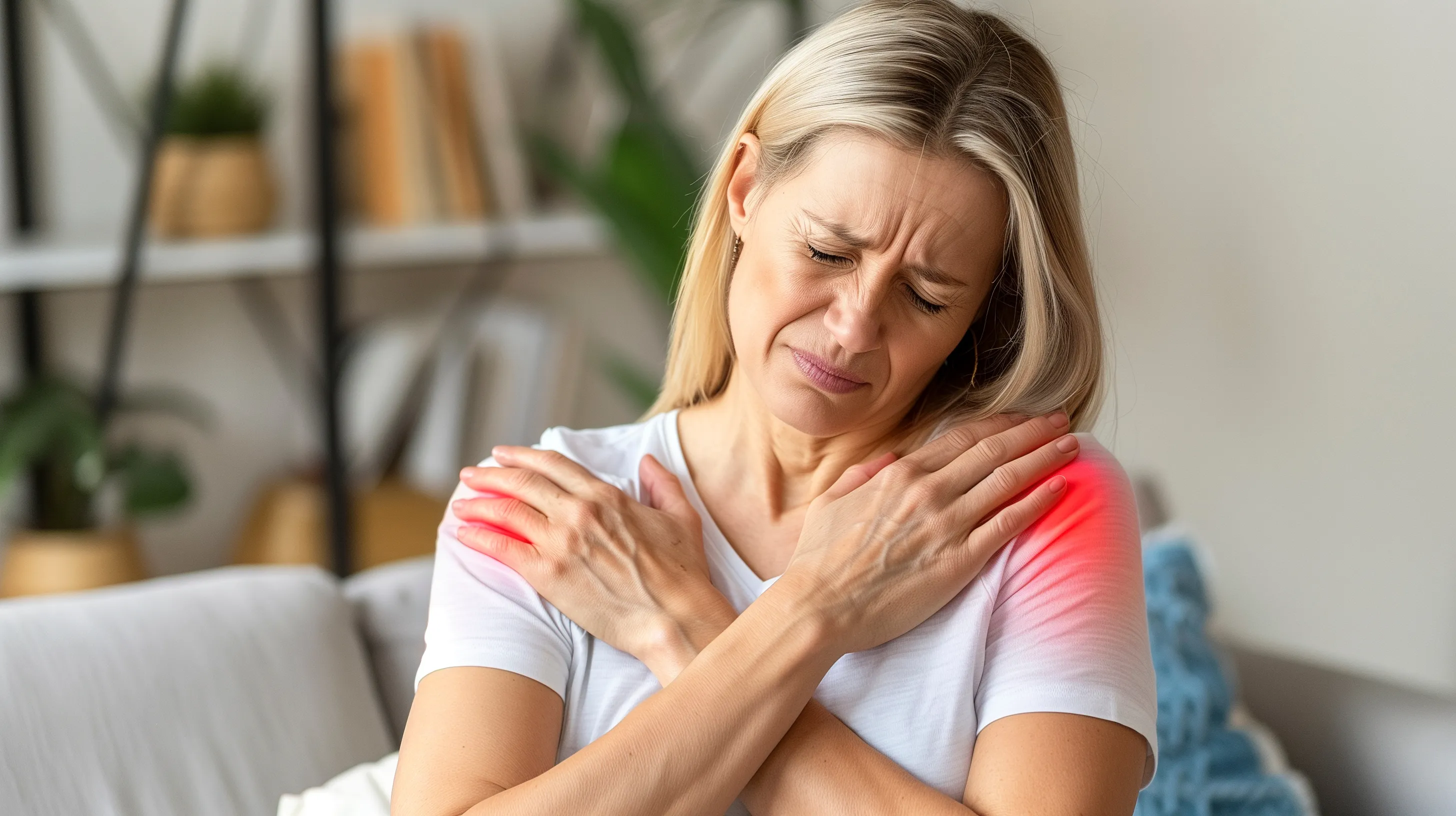 Mujer trocándose los hombros con síntomas de mucho dolor.
